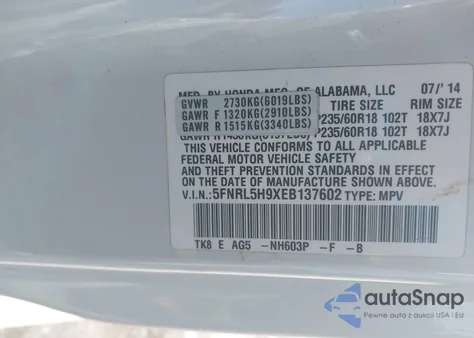 2014 Honda Odyssey Touring/Touring Elite z USA, uszkodzony, nr VIN 5FNRL5H9XEB137602